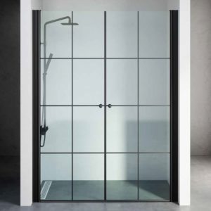 מקלחון חזית שחור 2 דלתות פסים לפי מידה עד 145 ס"מ