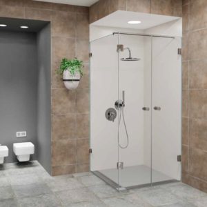 מקלחון פינתי דופן קבוע בשילוב 2 דלתות נפתחות זכוכית 8 מ”מ